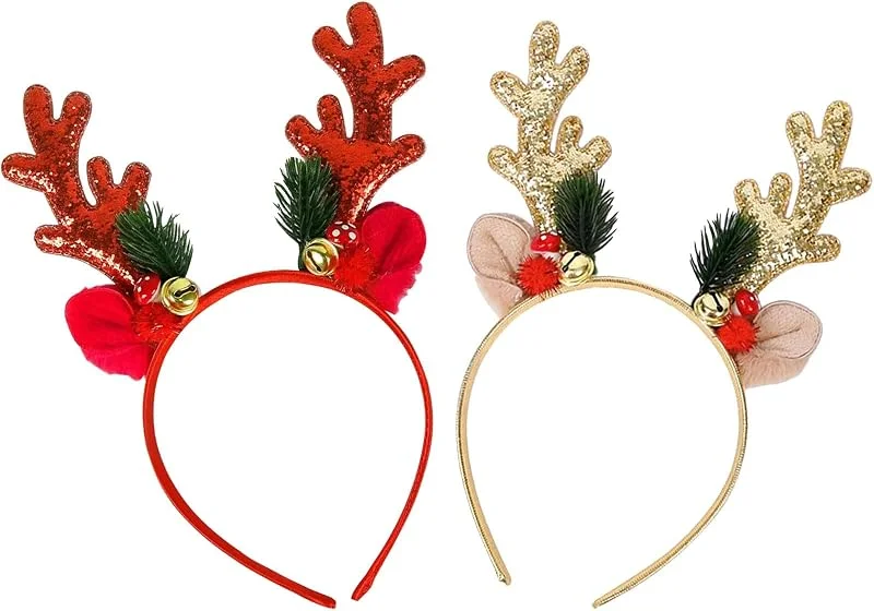 AWAVM 2 diademas de Navidad para mujeres, adultos, niños y niñas, diadema de lentejuelas, cuernos de reno, orejas de ciervo, accesorio de pelo de talla única para fiestas de Navidad, sombreros de — Ropa Navidad
