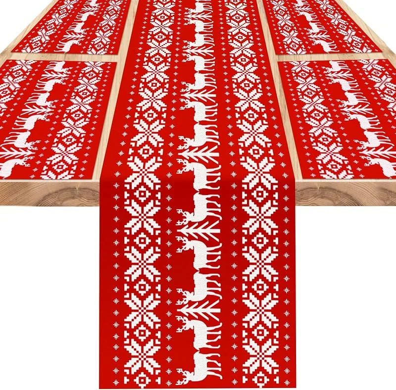 DPKOW Camino de Mesa Navideño Manteles Individuales Rojo, Mesa de decoración navideña Camino de Mesa Alce Navidad manteles Individuales de Tela Lavable, Decoración de Fiesta navideña en casa — Hogar y cocina