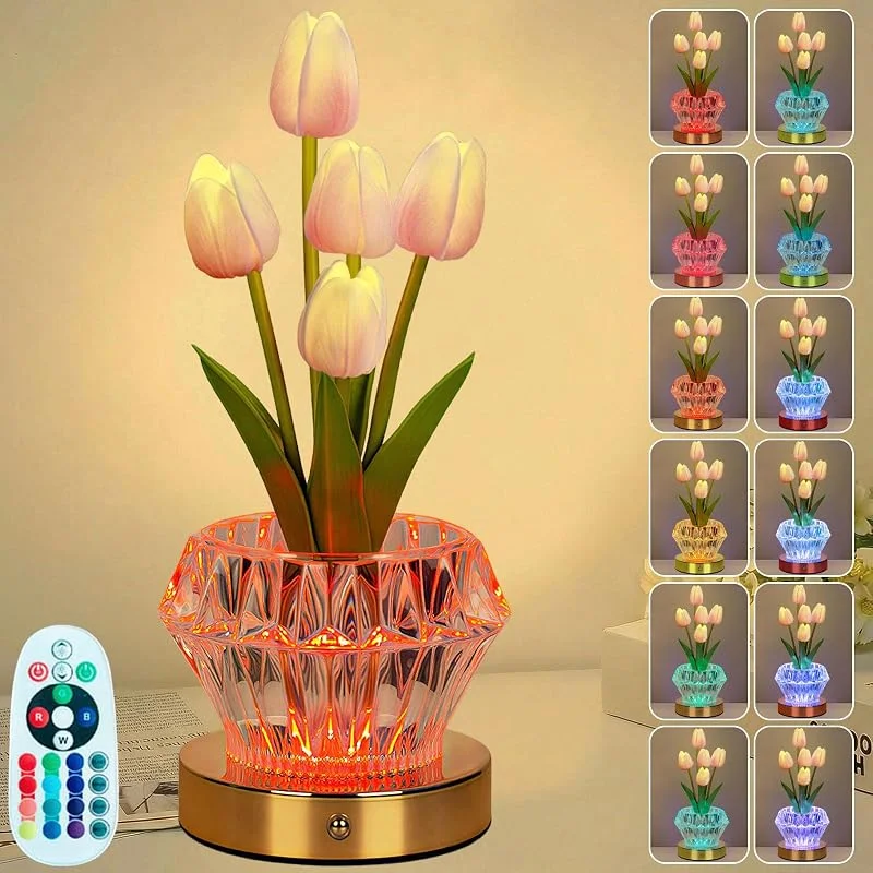 Wekity Lámparas de mesa con forma de tulipán, 16 colores, luz nocturna de cristal de atenuación continua con control remoto, luz de flores artificiales recargables, flor LED con jarrón, decoración romántica — Cena a la luz de velas