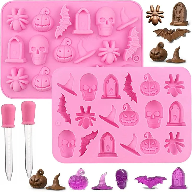 behone Molde de silicona para Halloween 2 piezas molde de caramelo Halloween, Silicona Molde de Chocolate Fondant Halloween con 2 gotero para hacer chocolate de Navidad, dulces, fondant — Hogar y cocina