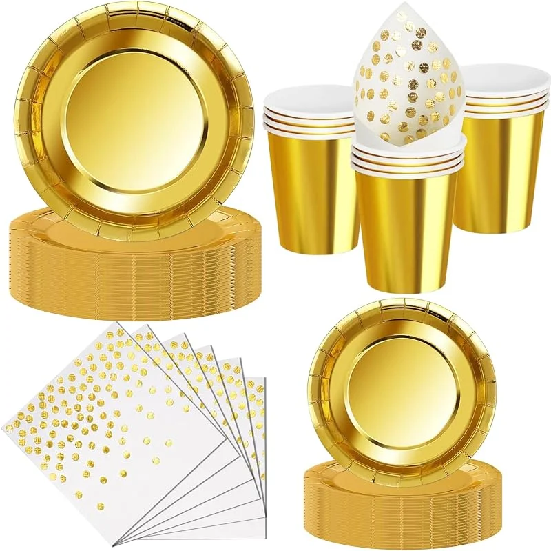 Nkaiso Platos y Vasos Desechables, 50 Piezas Dorado Vajilla de Fiesta, 10x 23cm & 10 x 18cm Platos de Carton, 10 Vasos, 20 Servilletas - Para Bodas, Aniversarios, Eventos Especiales -10 Invitados — Adviento y mesa