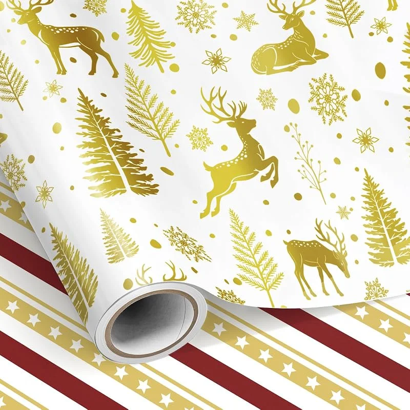Visita la tienda de Neloheac Neloheac Rollo Papel de Regalo Navidad Blanco Dorado con Renos 43 cm x 10 m — Envoltorio regalo
