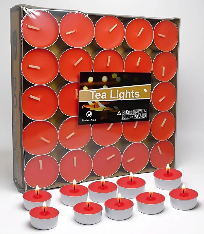 Artisoul® 50 Velas de Té Rojas, 4 Horas Ø 3.8 cm, Tea Lights Sin Aroma ni Humo para Decoración de Mesa, Navidad, Adviento, Bodas y San Valentín — Cena a la luz de velas