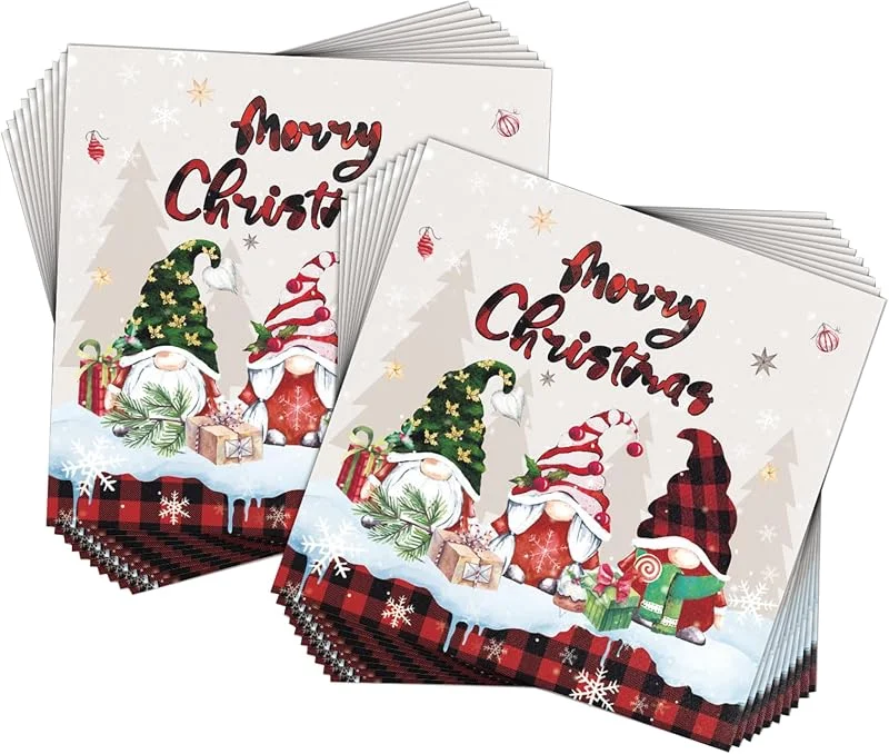 Pwsap 60Piezas Servilletas de Navidad, Servilleta de Enano Gnomo de Navidad Servilletas de Cóctel Desechables Servilletas Decorativas de Papel para Suministros de Fiesta de Té Almuerzo Festivo, 33x33 cm — Adviento y mesa