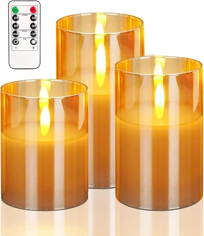 HIYAA Velas LED sin llama, funcionan con pilas, con control remoto, mecha 3D, luz cálida realista, temporizador — Cena a la luz de velas