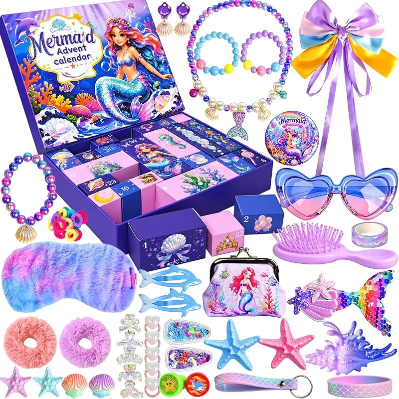 PinkUnicoon Calendario de Adviento 2026 para niñas, calendario de cuenta regresiva de Navidad de sirena de 24 días para niños, sorpresas de princesa, rellenos de medias, regalos con joyas y accesorios de clips — Adviento y mesa