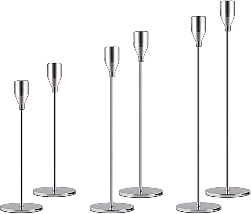 Movocaty Juego de 3 candelabros plateados para velas de barra, juego de portavelas para centro de mesa, decoración moderna para bodas, fiestas, cenas, aniversarios — Cena a la luz de velas
