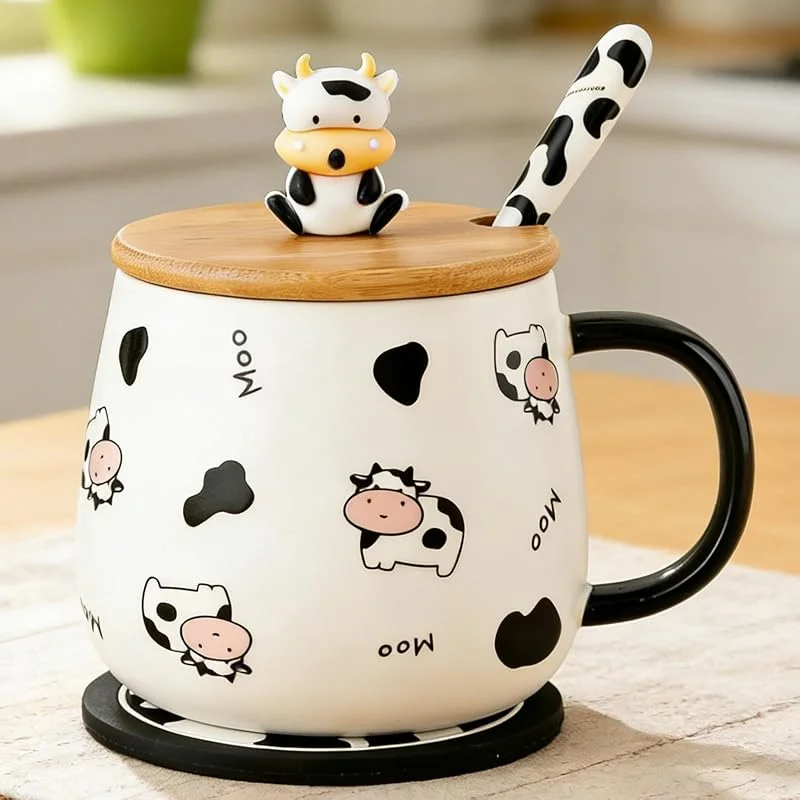 Disoza Taza Vaca Con Tapa Taza Vaca 420ml Taza Café Vaca Regalo Taza Cerámica Con Cuchara y Posavasos Taza Té Café Navidad Regalo Cumpleaños Esposa Novia Niños — Adviento y mesa