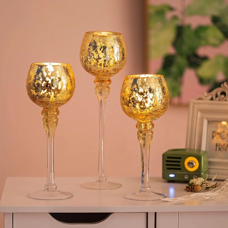 Romadedi Portavelas de Cristal Dorado - Juego de 3 Unidades Decorativas de Mercurio, 23, 5, 25, 5, 31, 5 cm para Velas de Té, Votivas y Altas - Decoración de Mesa para Bodas y Salones — Cena a la luz de velas