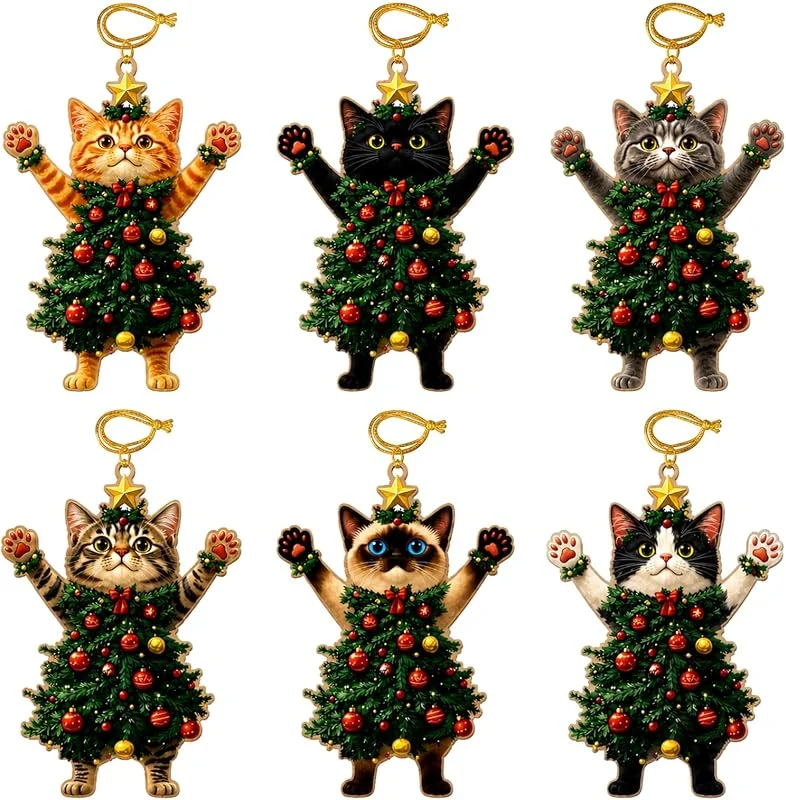 LEFZUR 6 Piezas Adornos de Navidad de Gato en Forma de Árbol de Navidad de Madera, Bonita y Divertida Decoración Navideña para el Árbol, Adornos para el Árbol de Navidad, para Amantes de los Gatos — Decoracion Navidad