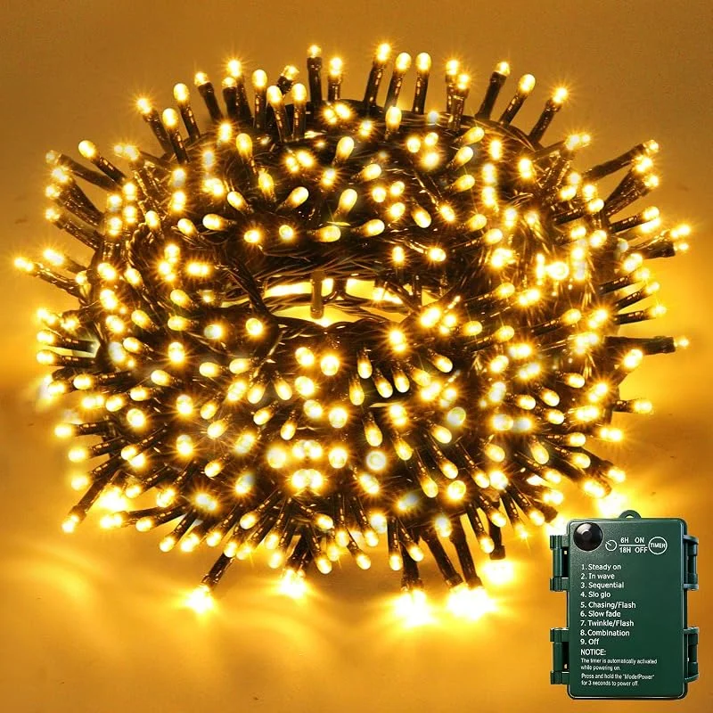 VSTKEN Luces Árbol Navidad con Batería, 20M 200LEDs Luces para Árbol de Navidad, 8 Modos, Blanco Cálido Impermeables IP44 para Decoración de Árboles Interior, Exterior — Luces Navidad