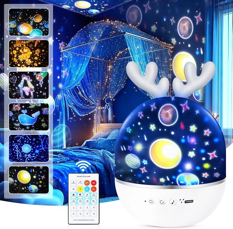 URAQT Lámpara Proyector Estrellas, Proyector Bebe, 360° Rotación Músic Lampara con Control Remoto, Romántica Luz de La Noche para Cumpleaños, Navidad, Halloween — Luces Navidad