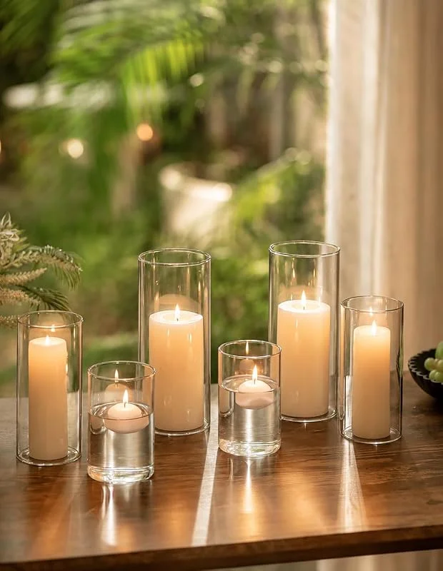 Romadedi Portavelas de cristal para decoración de mesa: juego de 6 portavelas engrosadas mejoradas para velas, jarrón de cristal, cilindro para salón, decoración al aire libre, balcón — Cena a la luz de velas