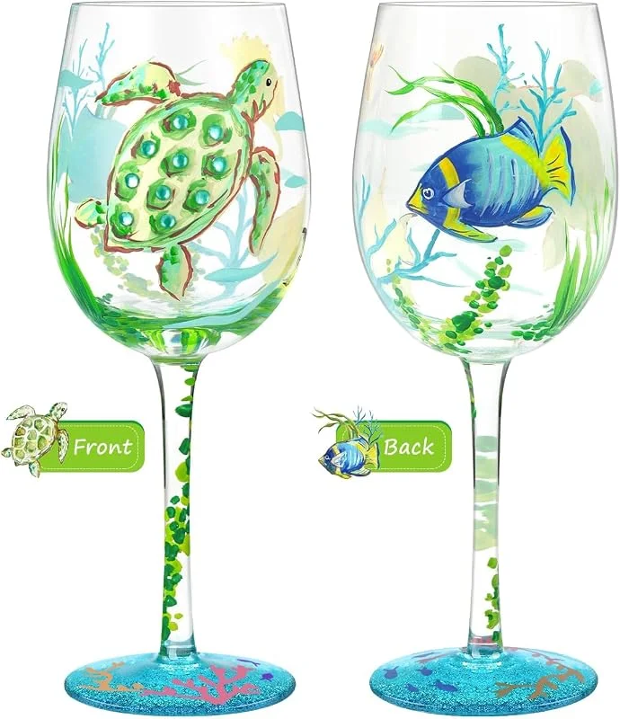 Visita la tienda de NymphFable NymphFable Copa de vino 100% pintada a mano, diseño de tortugas oceánicas, vidrio pintado artesanal, 15 onzas, regalo para amigos y familiares (1 unidad) — Vino y mesa festiva