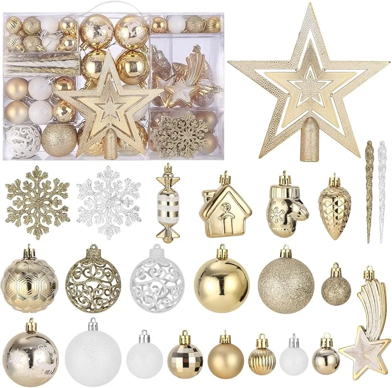 LEAZZLE 121 Piezas Juego de Bolas Arbol de Navidad, Bolas de Navidad de Plástico Inastillable, Decoracion Navidad Delicado, Adornos Arbol Navidad, para Natal, Cumpleaños, Ø3, 4, 6 cm (Dorados y Blancas)