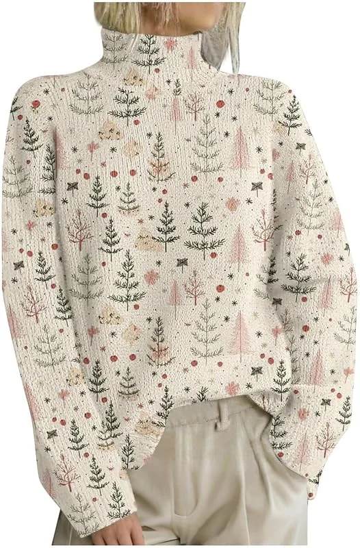 Generisch Jersey informal de Navidad con cuello para mujer, tejido de punto suave para días fríos, versátil y combinable — Ropa Navidad