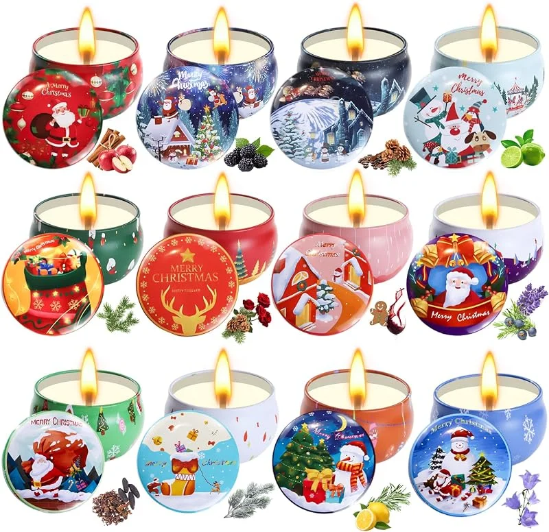 Amicably Velas Perfumadas de Navidad, 12 Piezas Velas Aromáticas para Mujer, Cera de Soja Natural Adviento, Largo Tiempo de Combustión, Pequeñas Velas Perfumadas para Colega, Mamá, Fiestas, Decorativas del Hogar — Cena a la luz de velas