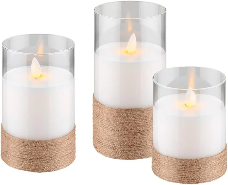goobay GOSKQ Goobay 60343 Set de 3 velas LED de cera real en vidrio envuelto en cáñamo, luz de vela blanca cálida, llama móvil, velas de 10, 12, 5 y 15 cm de altura transparente — Cena a la luz de velas