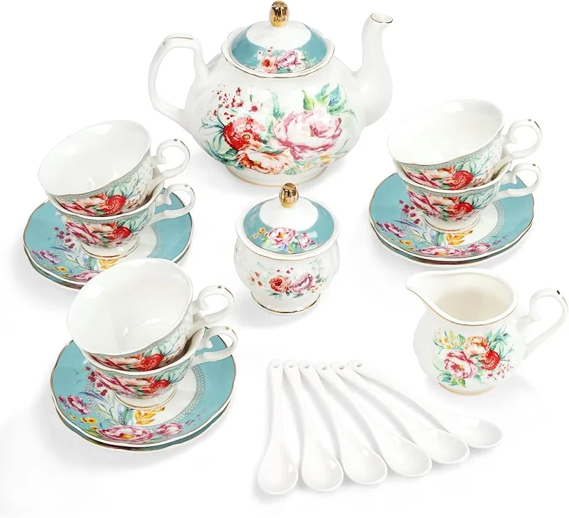 Visita la tienda de fanquare fanquare Juego de Té de Porcelana de 15 Piezas de Flores de Colores, Juego de Taza y Plato de Té de Cerámica para 6, Juego de Tetera Vintage para Fiesta de Mujeres — Adviento y mesa