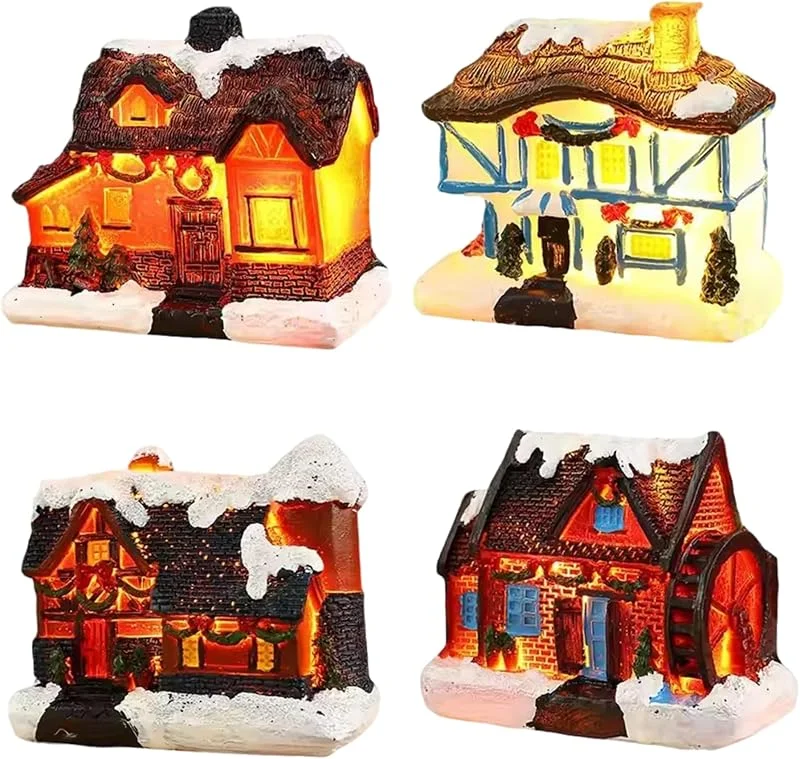 Hbbgdiy 4 Uds. Conjuntos de Pueblo navideño, Casas de Pueblo navideñas de Resina iluminadas con LED con Nieve, Escena de Ciudad con Pilas, decoración de Mesa Interior — Decoracion Navidad