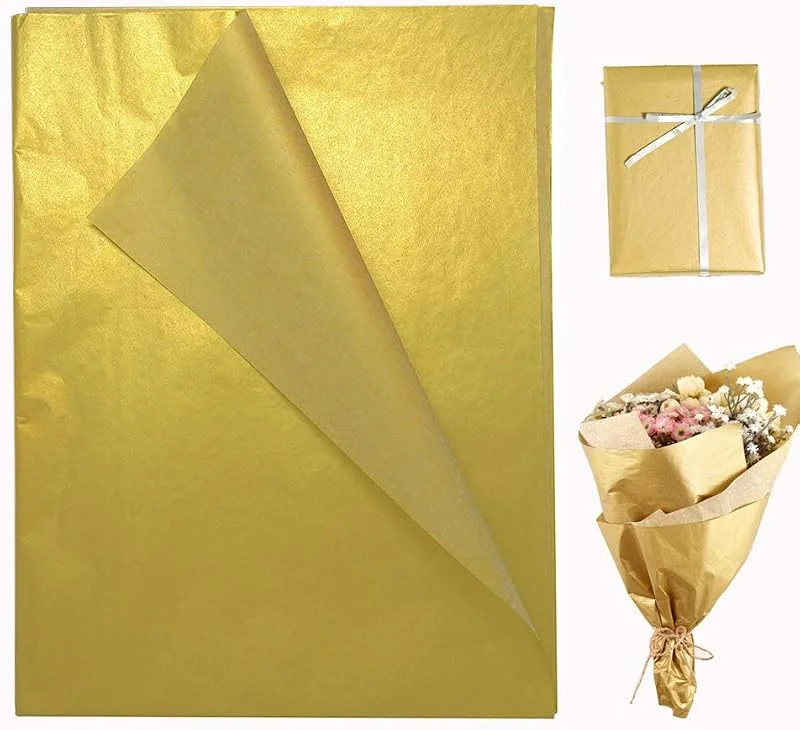 DOJoykey 50 hojas de papel de seda metálico, papel de regalo dorado de 14 x 20 pulgadas para boda, cumpleaños, decoración de fiesta de aniversario y manualidades — Envoltorio regalo