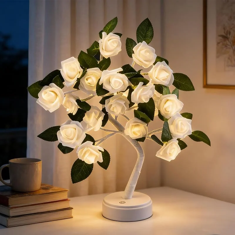 Visita la tienda de Richaa Lámpara de mesa con 18 luces LED de rosas, lámpara de mesa de árbol de rosas parpadeantes, bonita flor iluminada de hadas para dormitorio, sala de estar, fiesta, boda, cumpleaños, decoración de — Cena a la luz de velas