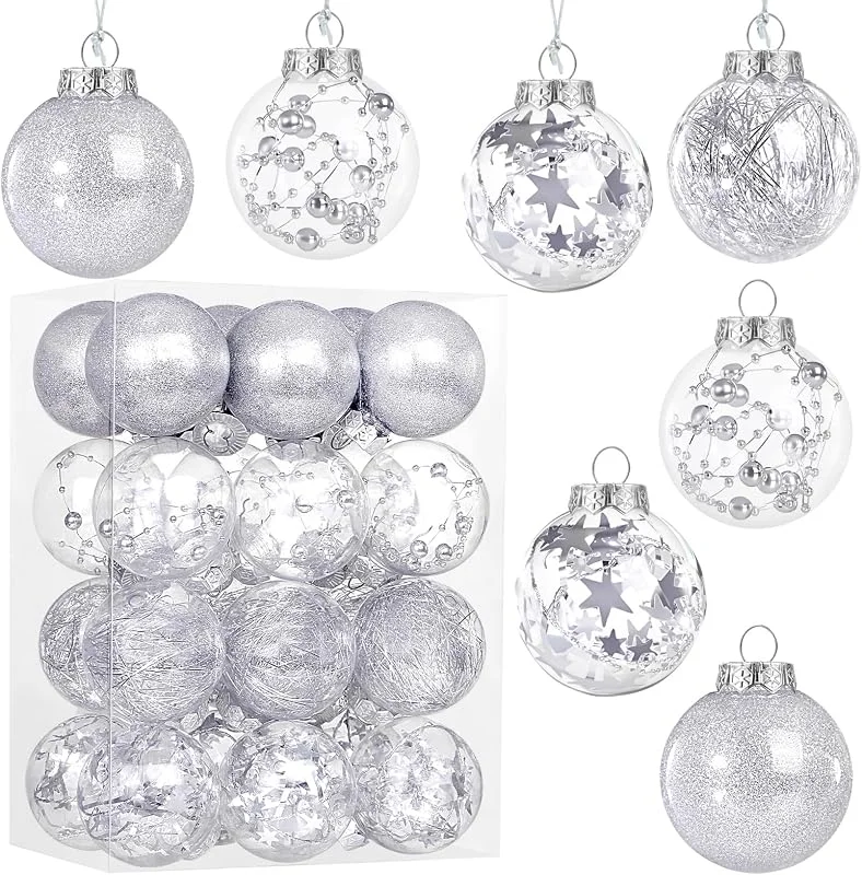 Kesote 24 Bolas de Navidad Plateadas y Transparentes de 6cm, Adornos Colgantes para Árboles de Navidad, Decoración Navideña de Bola Brillante (Plata) — Decoracion Navidad