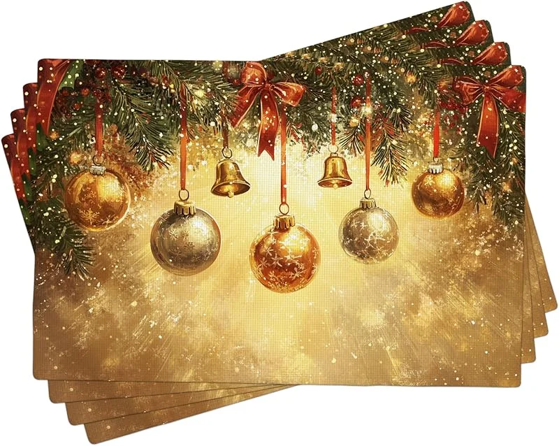 Generic Juego de 4 manteles individuales con adornos de Navidad, vajilla navideña dorada y plateada para cenas festivas, lavables para interiores y exteriores, tapetes decorativos de Navidad de 18 x 12 — Hogar y cocina