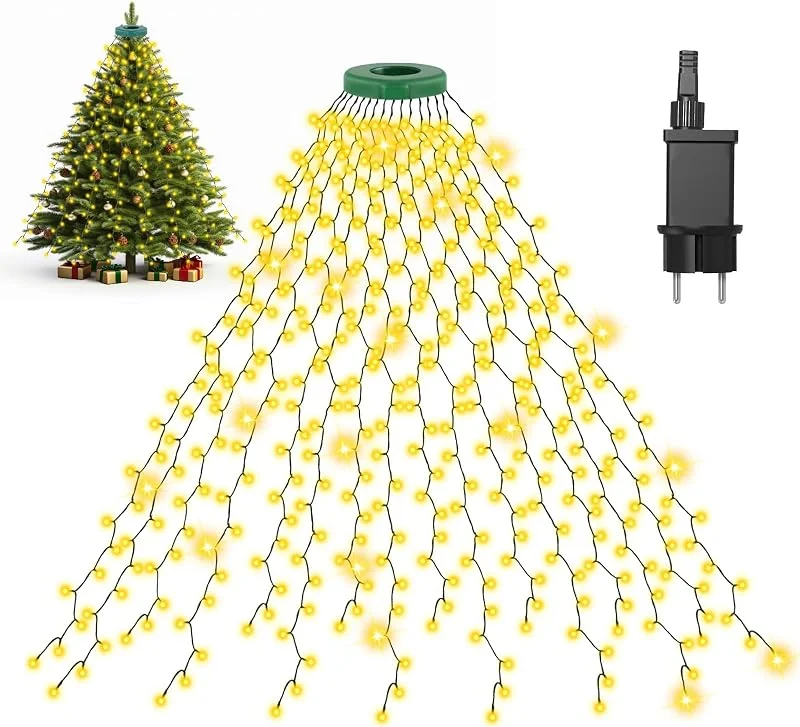 Gcstnn Guirnalda Luminosa para Árbol de Navidad, 3M 592 LED Blanco Cálido con Anillo y 16 Hebras, Temporizador, Impermeable para Árboles de 1.5-3.5M - Decoración Interior, Exterior — Luces Navidad