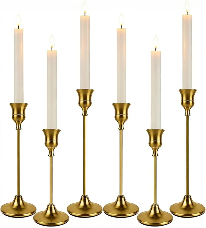 Filltown Candelabro dorado, 6 unidades, portavelas doradas, 32, 27, 22 cm, portavelas de varilla vintage, para repisas de chimenea, cumpleaños, centro de mesa, bodas, cenas, decoración del hogar — Cena a la luz de velas