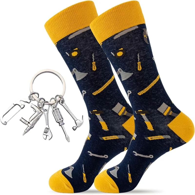 QITHGYD Juego de regalos para artesanos, calcetines divertidos 38-45 con motivos de herramientas + llavero, regalos divertidos para hombres, bricolaje, constructores, Navidad y cumpleaños — Decoracion Navidad