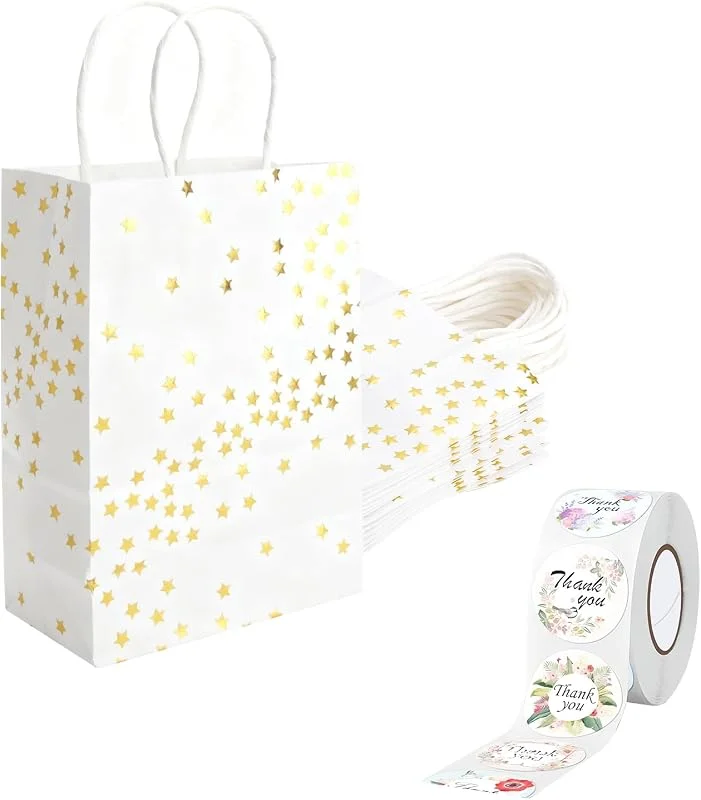TMZELOA 16PCS Bolsas de Regalo Blancas y Doradas, Bolsas de Papel Kraft con Asas, Diseño Dorado Elegante, Bolsas Reutilizables y Ecológicas con Pegatinas “Thank You”, Ideales para Bodas, Cumpleaños, Navidad — Envoltorio regalo