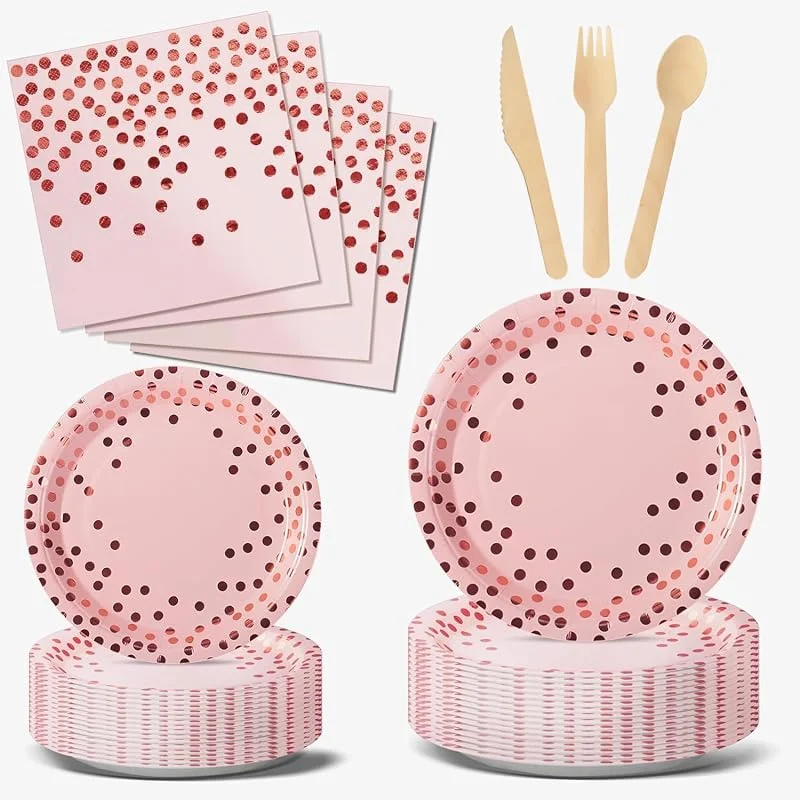 Nkaiso 144 Piezas Rosa y Rosaoro Vajilla Fiesta Cumpleaños, Papel Platos Cumpleaños Infantil, Juego de vajilla para Fiestas Platos Servilletas Cubiertos para Baby Shower Aniversarios -24 Invitado — Adviento y mesa