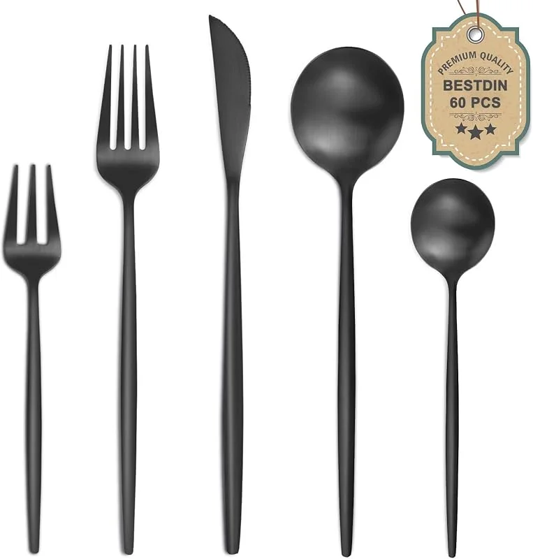 Visita la tienda de Bestdin Bestdin Juego de cubiertos para 12 personas, 60 piezas, color negro mate, juego de cubertería con cuchillo, tenedor, cuchara, acero inoxidable, apto para lavavajillas. — Adviento y mesa