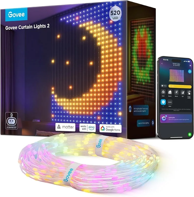 Visita la tienda de Govee Govee Curtain Lights, Cortina LED Inteligente con GIF DIY, 520 Luces de Hadas que Cambian de Color RGBIC, Navidad Decoración Dinámica Inteligente, IP65 Impermeable, Compatible con Alexa (1, 5 x 2 m) — Luces Navidad