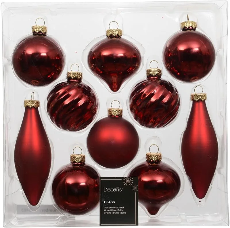 Decoris Bolas de Navidad de cristal, 6 cm x 10 unidades, brillantes y mate, con surcos, olivos, sangre de buey — Decoracion Navidad