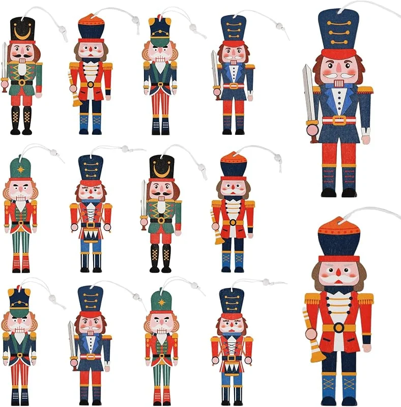 Delsen 12 adornos de madera de soldado cascanueces de Navidad, 6 diseños únicos para colgar en el árbol, juego de figuras de cascanueces con parte trasera pintada en rojo para árbol de Navidad, regalos para — Decoracion Navidad