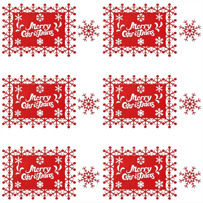 Qzakce Manteles Individuales y Posavasos de Fieltro Rojo Decoraciones de Navidad para Mesa Cena Decoración Mantel con Diseño de Copo de Nieve para Cenas de Vacaciones Boda Cenas 12 Piezas — Hogar y cocina