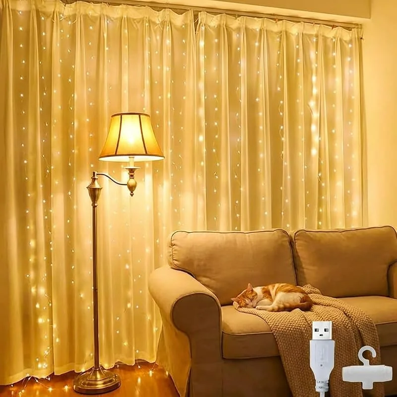Afaiup Guirnalda de luces LED 2x2m, 200 LEDs Blanco Cálido, Alimentación USB, Guirnalda de Luces Impermeable IP65 para Dormitorio, Boda, Fiesta, Decoración de Pared, 10 Ganchos — Luces Navidad