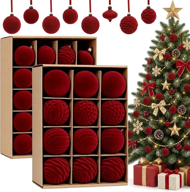 MaxEarn 32 Piezas Bolas de Navidad de Terciopelo de 6, 8cm, 6 Estilos — Decoracion Navidad