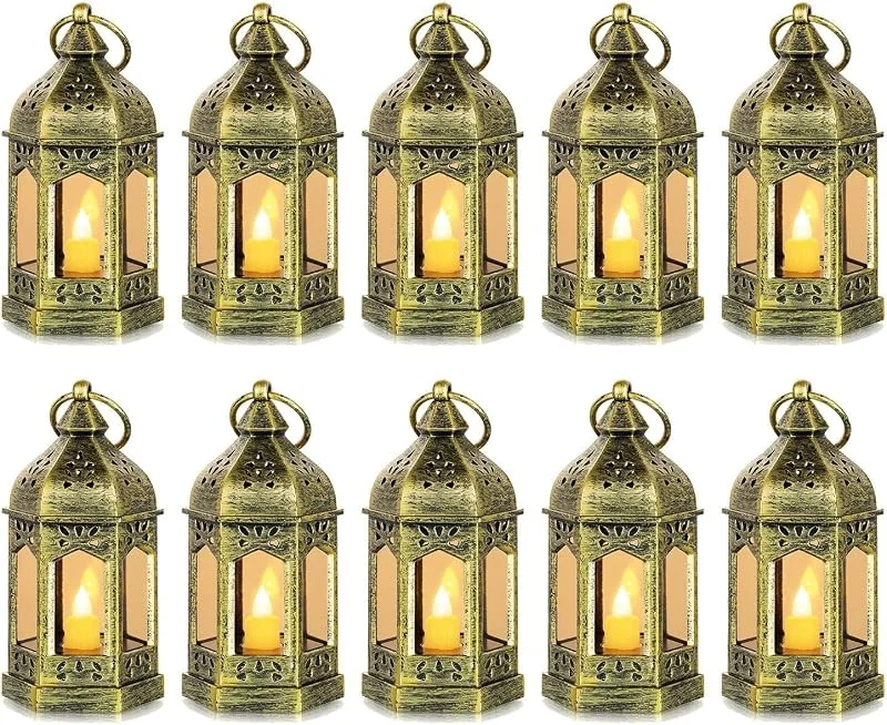 Romadedi Linterna dorada para decoración de mesa de boda, juego de 10 mini farolillos para colgar, con luces LED para decoración de fiestas, Navidad, Ramadán, jardín, balcón, exterior, oriental — Cena a la luz de velas