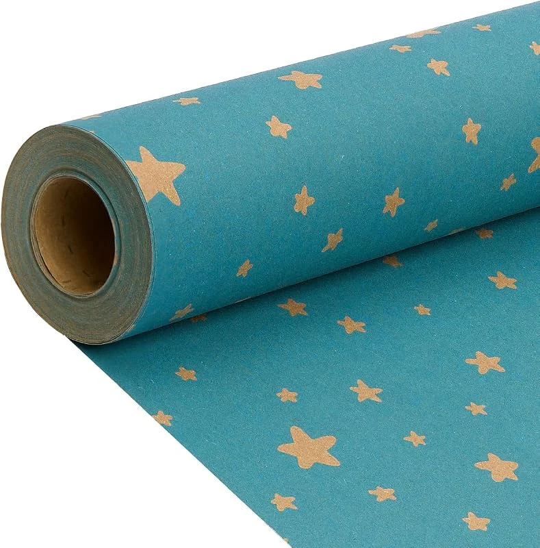 DOJoykey Rollo de papel de regalo de cumpleaños reciclable de 43 cm x 15 m, papel kraft azul con estrellas para cumpleaños, Navidad y fiestas de boda — Envoltorio regalo