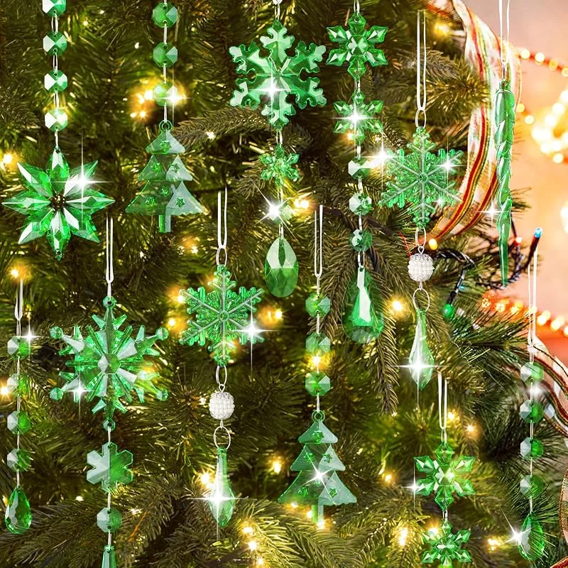 Lanpn 22 Piezas Decoración Navideña Adornos del Árbol de Navidad de Cristal, Colgante Acrílico de Copo de Nieve de Carámbanos para Navidad Invierno Exterior Interior Fiesta Decoración Oro (Verde) — Decoracion Navidad