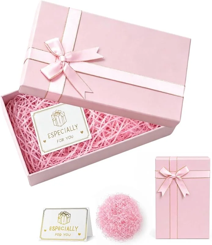 Visita la tienda de OMBRISA OMBRISA Caja de Regalo Rosa 25x18x8, 5cm, Caja Regalo Cumpleaños con Tapa, Caja Bonita para Regalo con Nastro, Biglietto D'auguri e Rafia, para Cumpleaños, Aniversarios, Bodas, Navidad, San Valentín — Envoltorio regalo