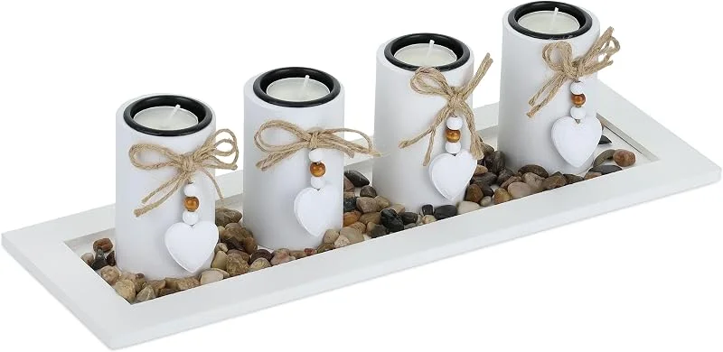 Visita la tienda de Relaxdays Relaxdays Set Portavelas con Bandeja y Piedras Decorativas, 39, 5 cm de Largo, 4 Velitas, Decoración de Mesa, Blanco — Cena a la luz de velas