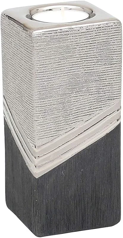 Dekohelden24 Portavelas de cerámica de diseño Elegante, Cuadrado, Color Gris Plateado, 15 cm — Cena a la luz de velas