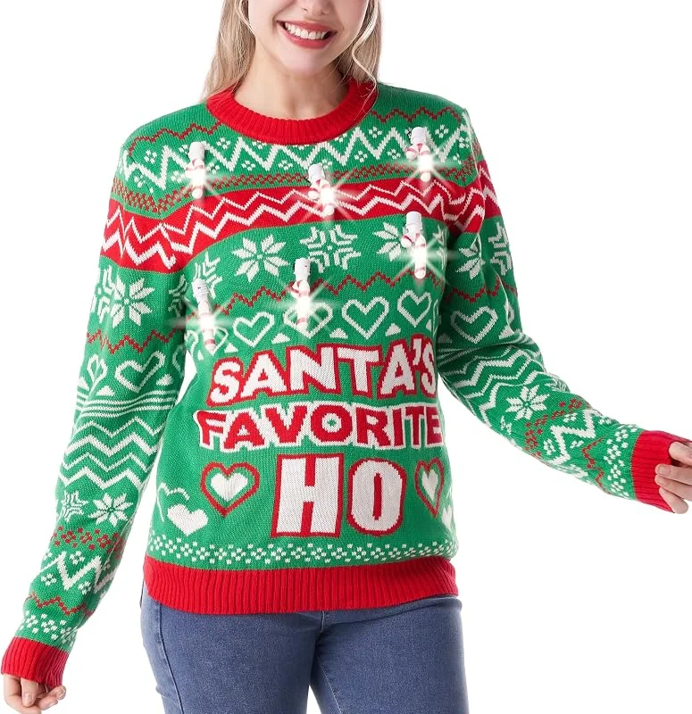 Giggling Getup Suéter feo de Navidad con bombillas de bastón de caramelo, suéter de Navidad iluminado de manga larga para mujeres y hombres — Ropa Navidad