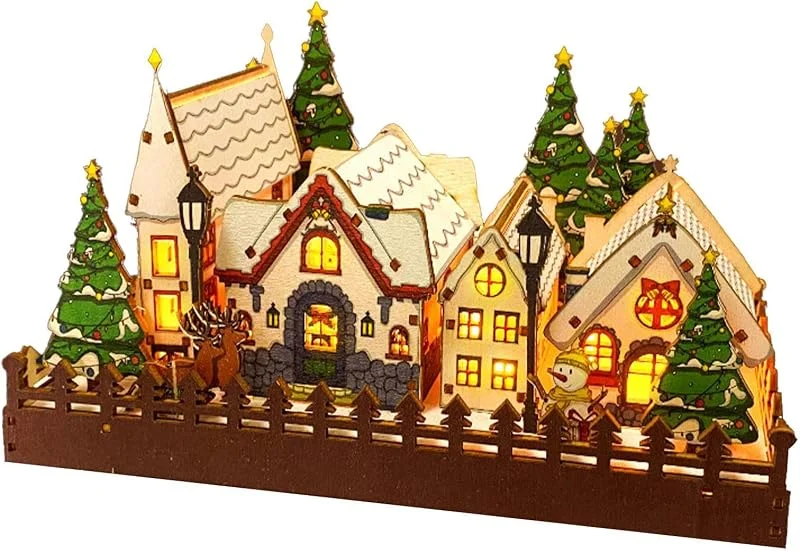 Genérico Conjuntos de Pueblo Navideño Centro De Mesa Con Pueblo De Madera Y Luz LED — Decoracion Navidad