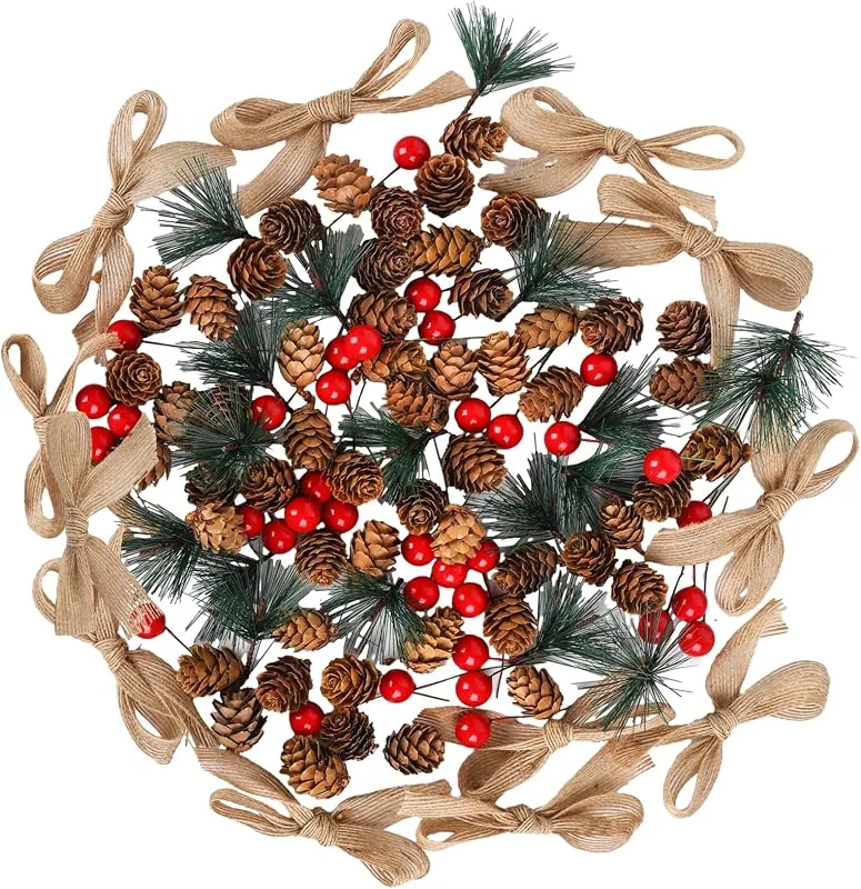 TSLBW 120 Piezas Navidad Guirnalda Hacer Decoración, Ramas de Pino Artificial Bayas de Acebo Rojas Piñones Naturales Lazo para Árbol de Navidad Decoración Guirnalda Otoño Invierno DIY Manualidades — Decoracion Navidad