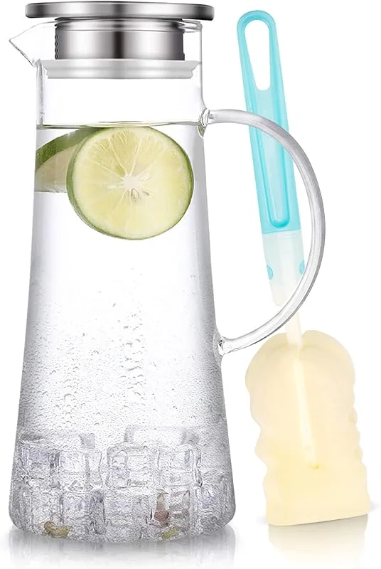 SUSTEAS Jarra de cristal de 1, 5 litros, jarra con tapa, jarra de té helado, jarra de agua fría y caliente, té helado, vino, café, leche y zumo, jarra de agua — Vino y mesa festiva